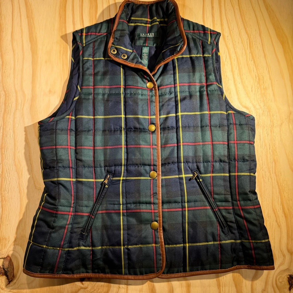 Lauren Ralph Lauren Green Plaid Quilted Vest Leather Trim Snap Front Size Large - Picture 4 of 6
